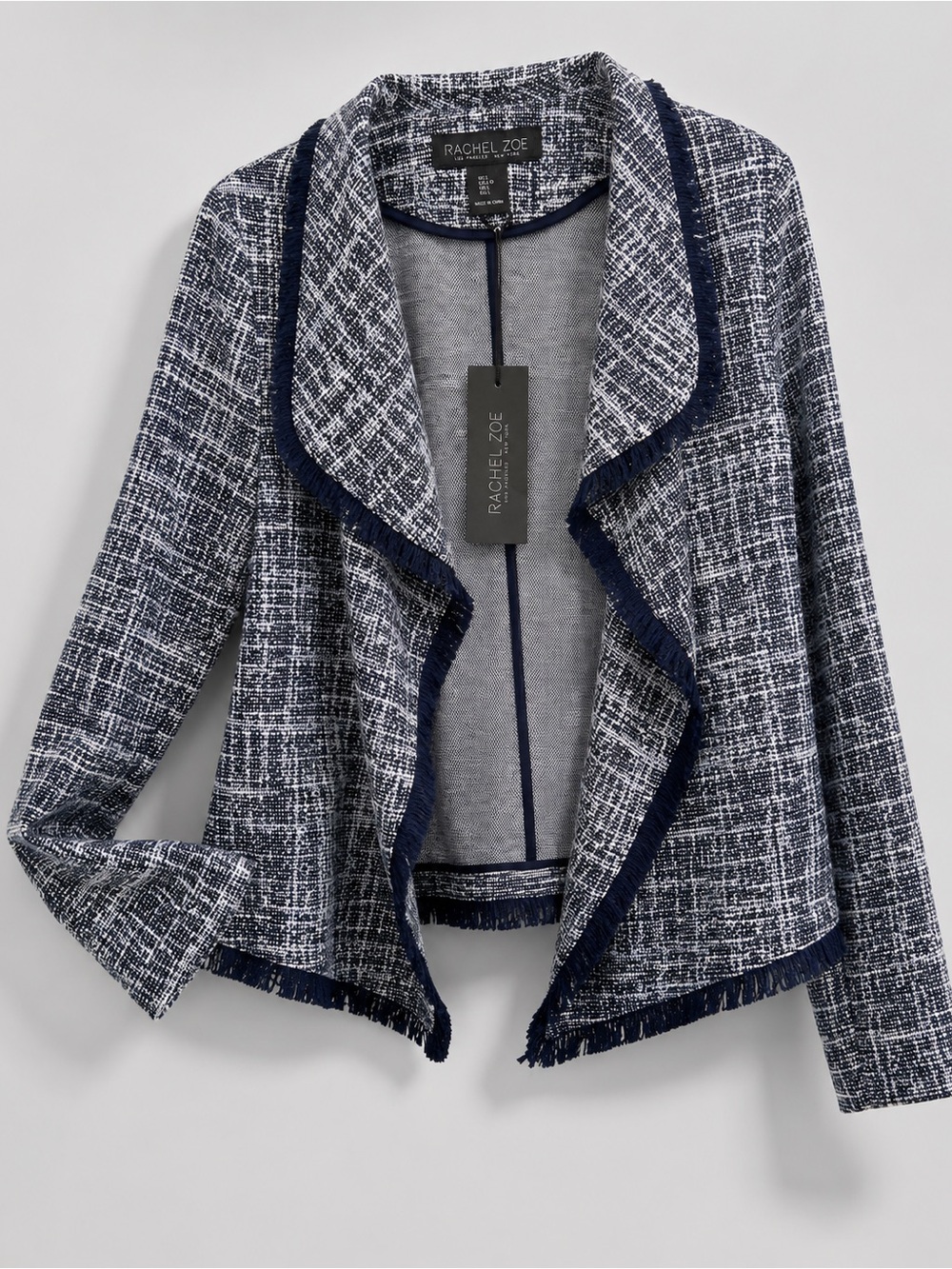 Rachel Zoe L Navy White Tweed Fringe Trim Open Front Jacket Blazer NWT